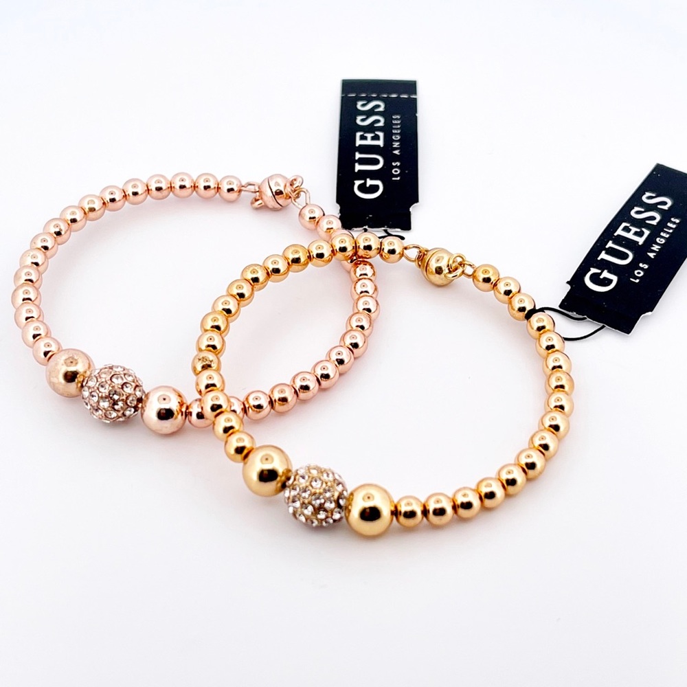 NWT - GUESS Metallic Beaded Bracelet Set of 2 Pavé CZ Fireball & Magnetic Clasp
